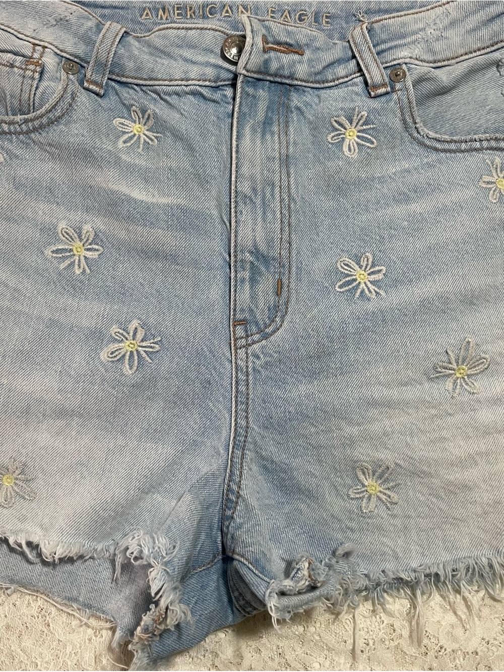 American Eagle Outfitters Light Blue Daisy Embroidered Jean Shorts
